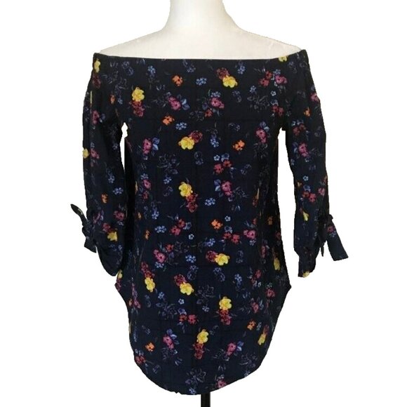ARITIZIA BABATON Malik Blouse Off the Shoulder Top Size XXS Indigo Blue Floral - Picture 1 of 9